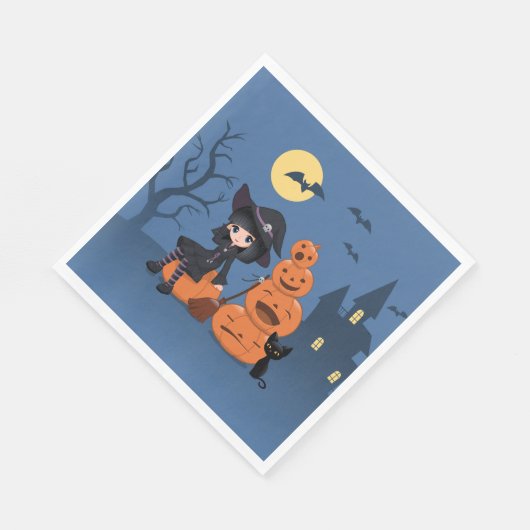 Serviette En Papier Halloween Witch, Chat noir et Citrouille (Coin)
