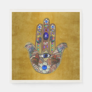 Serviette En Papier Hamsa Cœurs Fleurs Opale Art sur Or