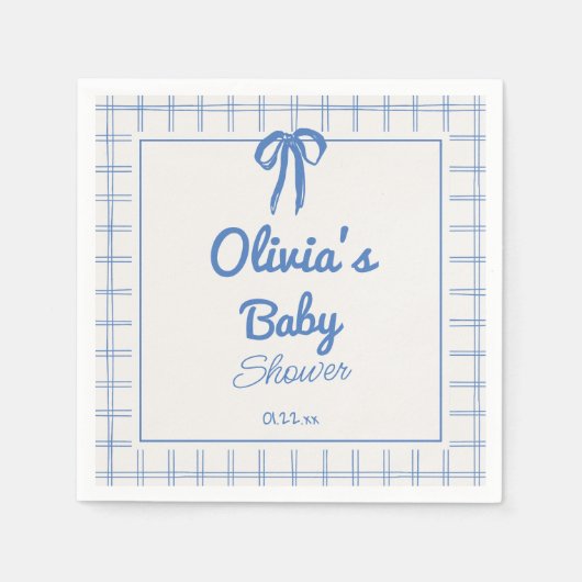 Serviette En Papier Hand Drawn Blue Gingham Bow Baby Boy Shower (Devant)