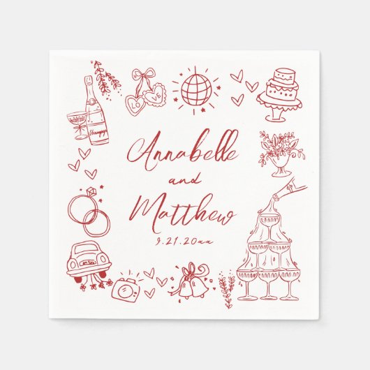 Serviette En Papier Hand Drawn Red Whimsical Wedding (Devant)