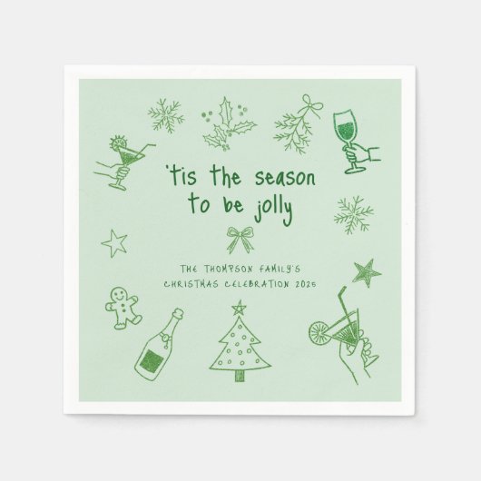 Serviette En Papier Hand Drawn Scribble Glitter Green Christmas Party (Devant)