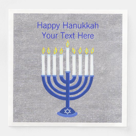 Serviette En Papier Hanoukka Ménorah Bleu Foncé Sur Faux Silver Large (Devant)