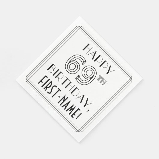 Serviette En Papier HAPPY 69E ANNIVERSAIRE ; Style Art Déco ; Nom pers (Coin)