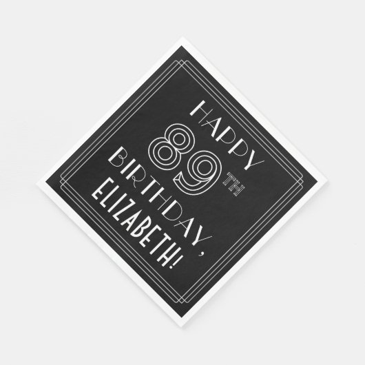 Serviette En Papier HAPPY 89E ANNIVERSAIRE ; Style Art Déco ; Nom pers (Coin)