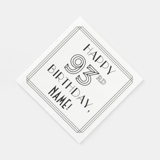 Serviette En Papier HAPPY 93E ANNIVERSAIRE ; Style Art Déco ; Nom pers (Coin)
