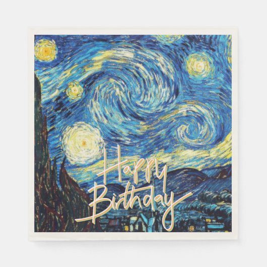 Serviette En Papier Happy Birthday, Starry Night fine art, (Devant)