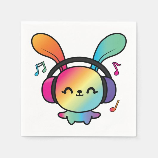 Serviette En Papier Happy Bunny avec écouteurs écoutant de la musique. (Devant)