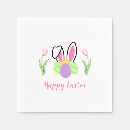 Serviette En Papier Happy Easter Bunny Ears Eggs and Pink Tulips (Devant)