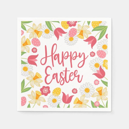 Serviette En Papier Happy Easter | Yellow and Red Floral  (Devant)