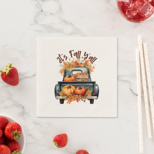 Serviette En Papier Happy Fall Y'all - Camion rustique avec Citrouille (En situation)