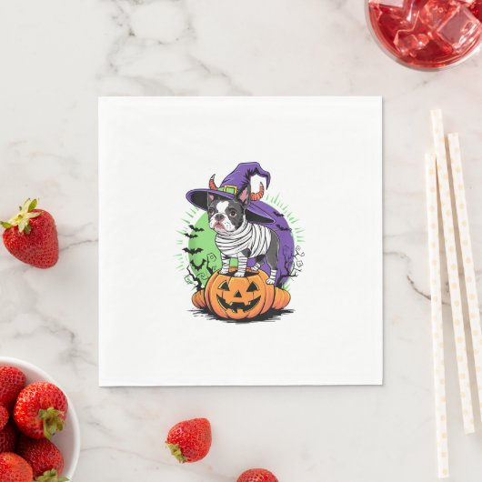 Serviette En Papier Happy Halloween avec Boston Terrier Mummy & Witch (En situation)