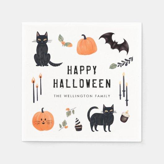 Serviette En Papier Happy Halloween Cute Chat Citrouille chauve (Devant)