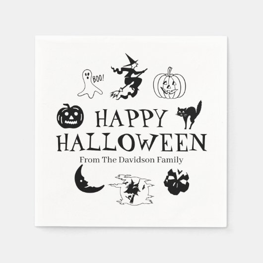 Serviette En Papier Happy Halloween nom personnalisé noir blanc éffray (Devant)