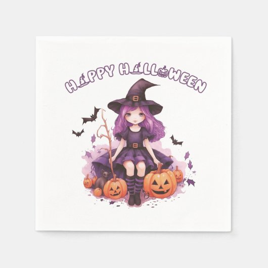 Serviette En Papier Happy Halloween violet sorcière Citrouilles et cha (Devant)