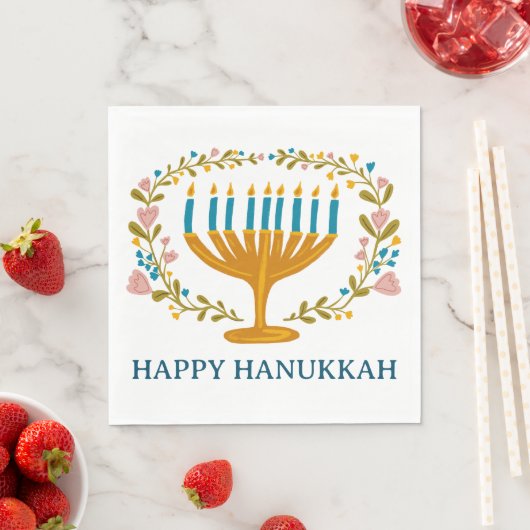 Serviette En Papier HAPPY HANOUKKA Floral MENORAH Jewish Holiday (En situation)