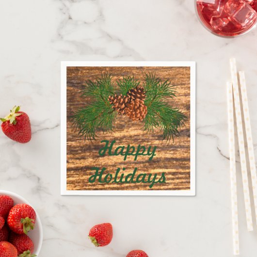 Serviette En Papier Happy Holiday - détail rustique pin-cône (En situation)