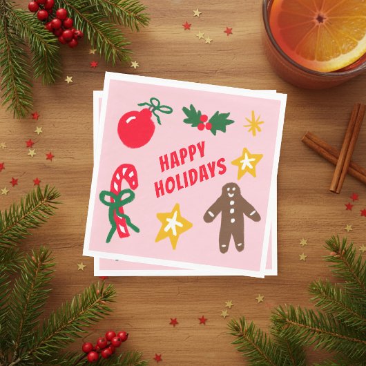 Serviette En Papier HAPPY HOLIDAYS Cute Hand-Drawn CUSTOM 