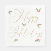 Serviette En Papier Happy Holidays Gold Calligraphy avec Holly Sprigs (Devant)