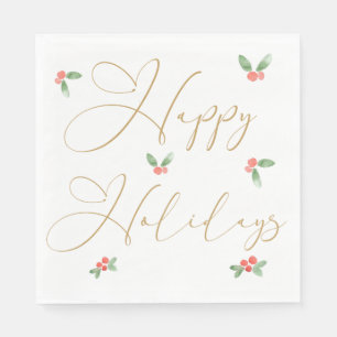 Serviette En Papier Happy Holidays Gold Calligraphy avec Holly Sprigs
