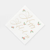 Serviette En Papier Happy Holidays Gold Calligraphy avec Holly Sprigs (Coin)