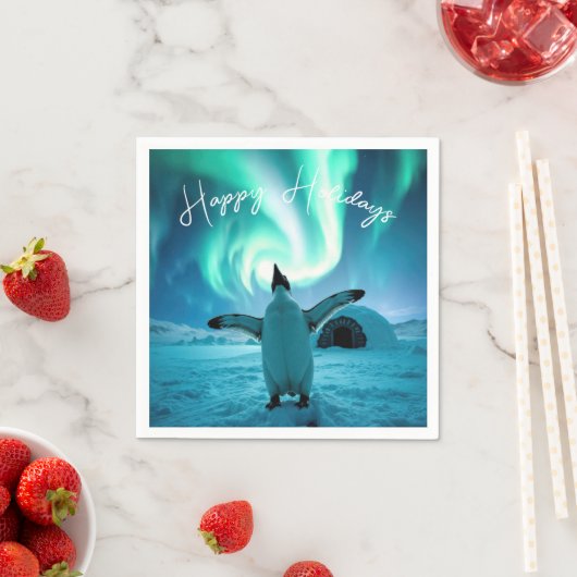 Serviette En Papier Happy Holidays Penguin Under Northern Lights (En situation)