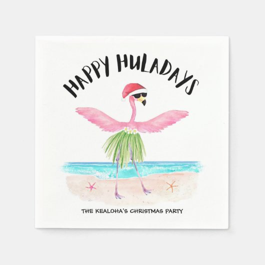 Serviette En Papier Happy Huladays Flamant rose Tropical Beach Noël (Devant)