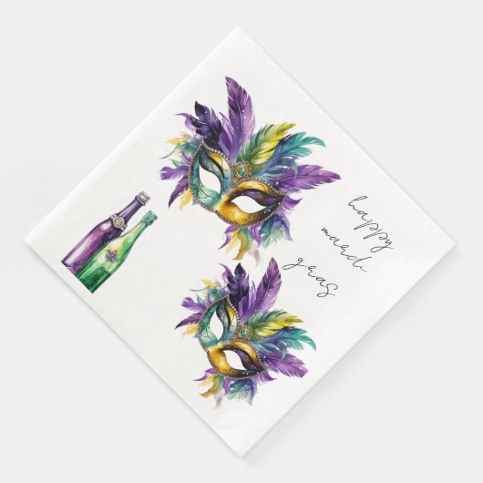 Serviette En Papier Happy Mardis Gras Masques et Bouteilles en plumes (Coin)