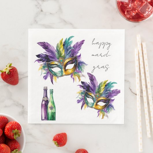 Serviette En Papier Happy Mardis Gras Masques et Bouteilles en plumes (En situation)