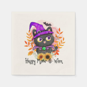 Serviette En Papier Happy Meow-o-ween -Chat Sorcière Noire