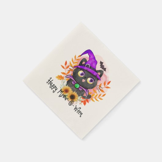 Serviette En Papier Happy Meow-o-ween -Chat Sorcière Noire (Coin)