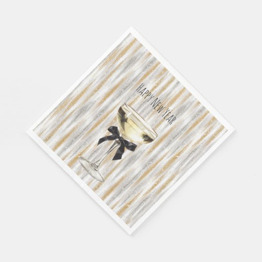 Serviette En Papier Happy New Year Black Bow Gold Silver Champagne (Coin)