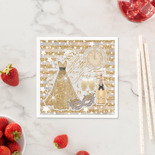Serviette En Papier Happy New Year Gold (En situation)