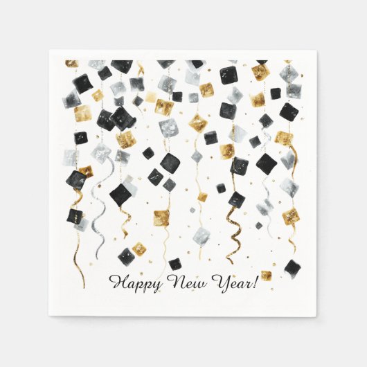 Serviette En Papier Happy New Year Gold Black Confetti (Devant)