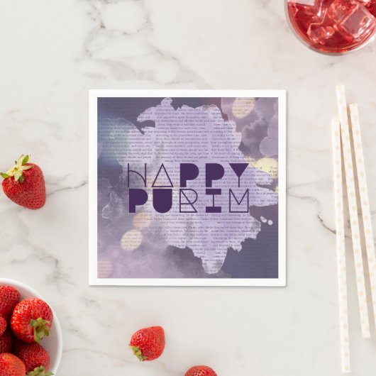 Serviette En Papier HAPPY PURIM en violet avec l'histoire d'Esther (En situation)