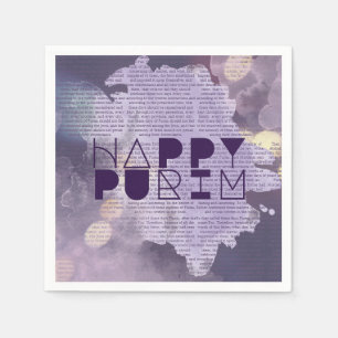 Serviette En Papier HAPPY PURIM en violet avec l'histoire d'Esther