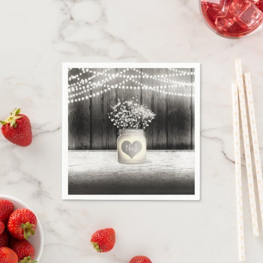 Serviette En Papier Heart Mason Jar & Baby's Breath Rustic Mariage (En situation)