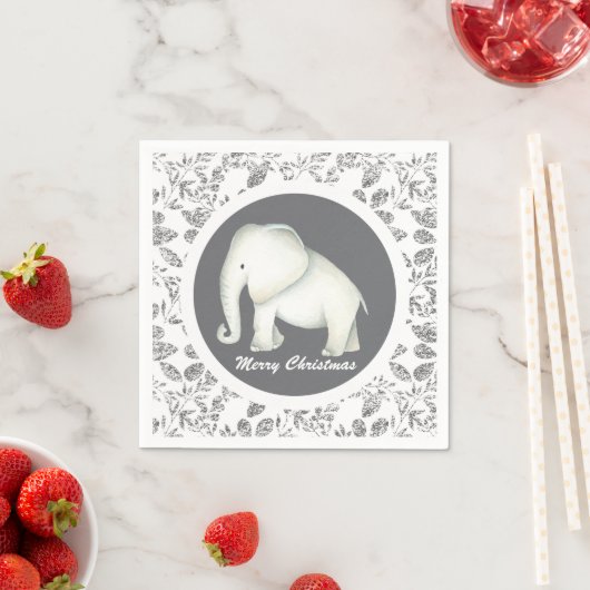 Serviette En Papier Héléphant blanc brillant d'argent Noël (En situation)