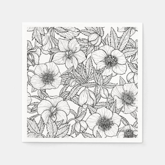 Serviette En Papier Hellebores en noir et blanc (Devant)