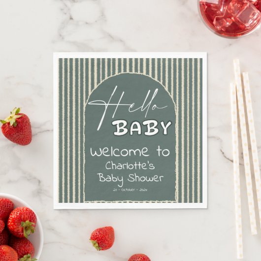 Serviette En Papier Hello Baby Dark Green Stripes Baby Shower (En situation)