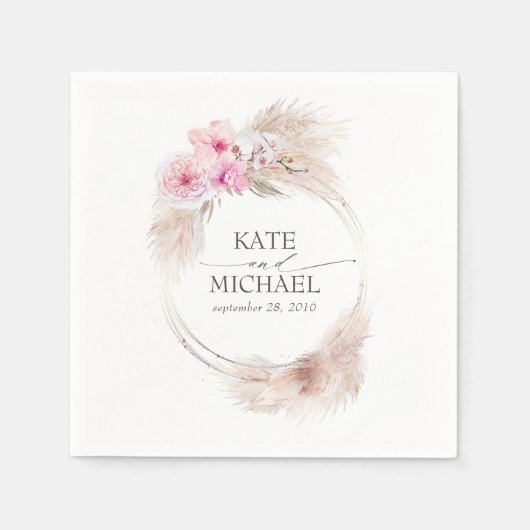 Serviette En Papier Herbe des Pampas et Orchidées Roses Floral Tropica (Devant)