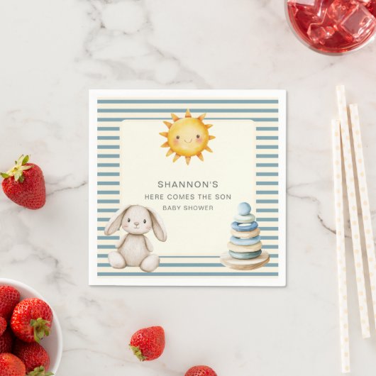 Serviette En Papier Here Comes the Son Baby Shower Napkins Blue Stripe (En situation)
