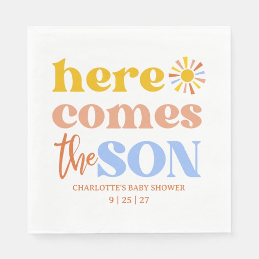 Serviette En Papier Here Comes The Son Boy Baby Shower (Devant)