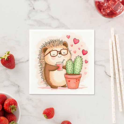 Serviette En Papier Hérisson Cactus Chedgehog Aquarelle (En situation)