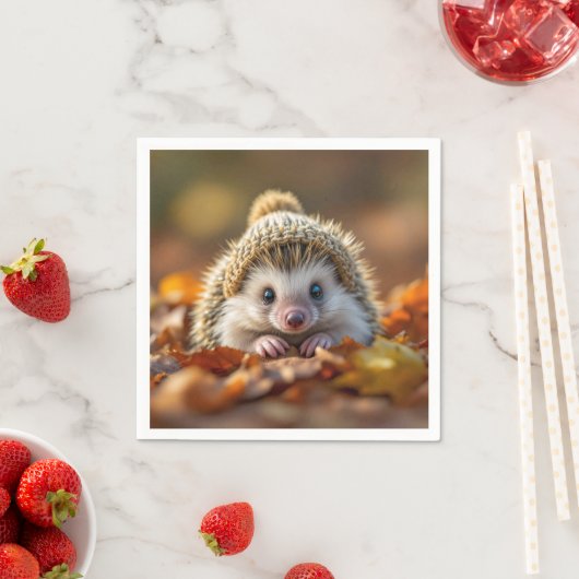 Serviette En Papier Hérisson d'automne avec Casquette nu (En situation)