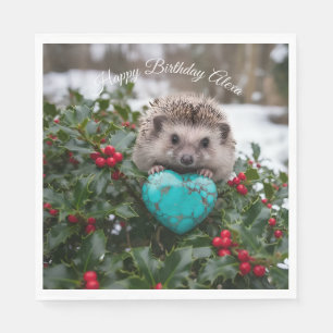 Serviette En Papier Hérisson mignon de décembre avec cœur turquoise