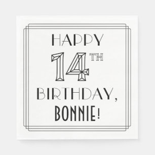Serviette En Papier HEUREUX 14E ANNIVERSAIRE ; Style Art Déco ; Nom pe