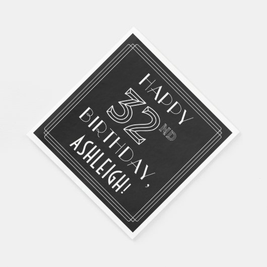Serviette En Papier HEUREUX 32E ANNIVERSAIRE ; Style Art Déco ; Nom pe (Coin)