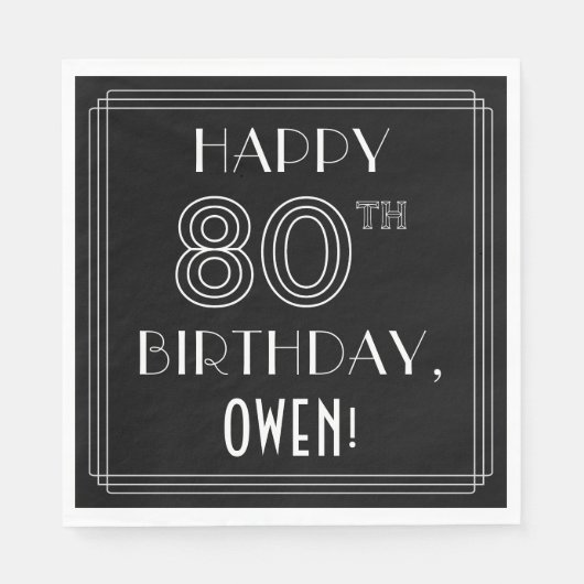 Serviette En Papier HEUREUX 80E ANNIVERSAIRE ; Style Art Déco ; Nom pe (Devant)