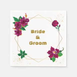 Serviette En Papier hibiscus fleurs bordeaux feuilles vertes mariage