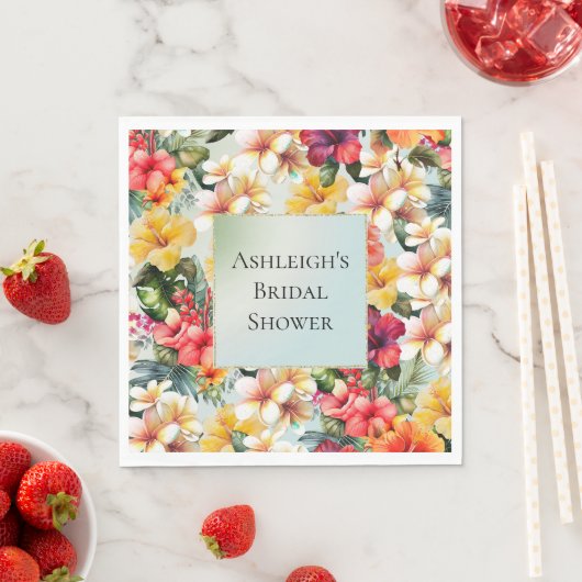 Serviette En Papier Hibiscus floral rouge tropical blanc jaune (En situation)